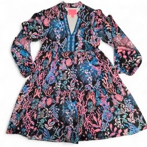 Lilly Pulitzer Arella Dress Onyx Twilight Coral Tiered Swing Mini Ruffle Sz S